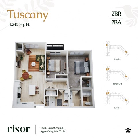 Floor plan for 2 beds, 2 baths, 1245 sqft